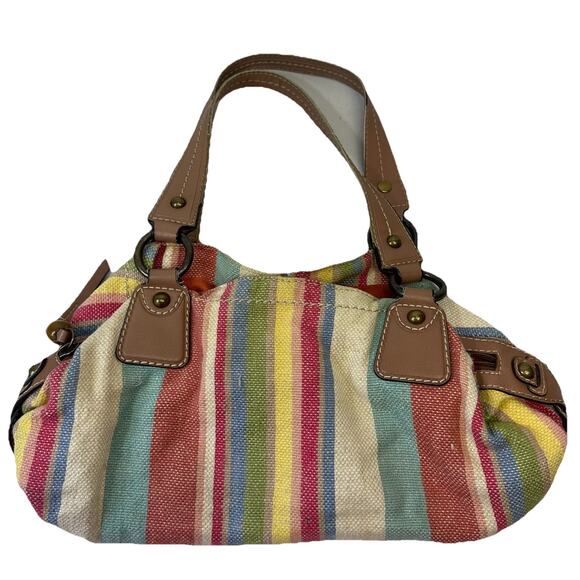 Fossil Beachy Striped Faux Leather Canvas Bag Zipper Dual Handle Pockets Boho - Picture 1 of 16